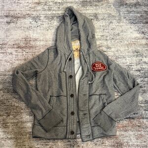 Vintage Hollister Gray Hooded Button-Up Sweatshirt with Red Patch